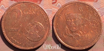 Франция 2 евроцента 2001 года, KM# 1283, 080d-132