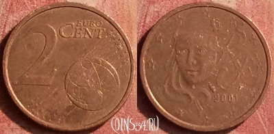 Франция 2 евроцента 2001 года, KM# 1283, 388n-019