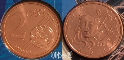 Франция 2 евроцента 2003 года, KM# 1283, BU, 401n-124 ♛