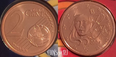 Франция 2 евроцента 2004 года, KM# 1283, BU, 401n-044 ♛