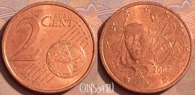 Франция 2 евроцента 2007 года, KM# 1283, 356k-125