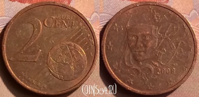 Франция 2 евроцента 2008 года, KM# 1283, 041n-009