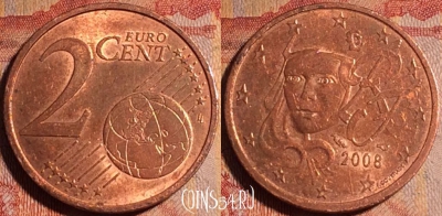 Франция 2 евроцента 2008 года, KM# 1283, 167a-140