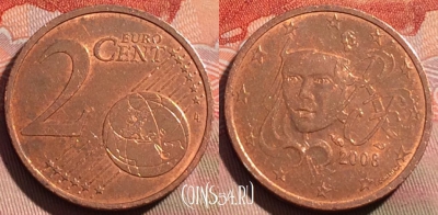 Франция 2 евроцента 2008 года, KM# 1283, 274a-100