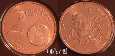 Франция 2 евроцента 2008 года, KM# 1283, BU, 401n-076 ♛