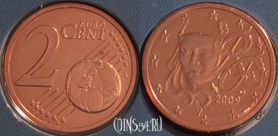 Франция 2 евроцента 2009 года, KM# 1283, BU, 401n-084 ♛