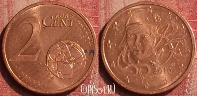 Франция 2 евроцента 2010 года, KM# 1283, 405-134