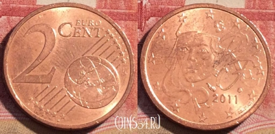 Франция 2 евроцента 2011 года, KM# 1283, 074c-143