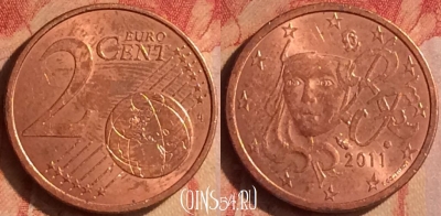Франция 2 евроцента 2011 года, KM# 1283, 437-048