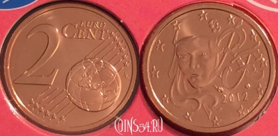 Франция 2 евроцента 2012 года, KM# 1283, BU, 401n-108 ♛