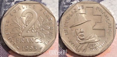Франция 2 франка 1993 года, Жан Мулен, KM# 1062, a088-024