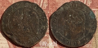 Франция 2 сантима 1862 года, KM# 796, 294p-003
