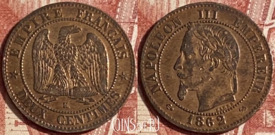Франция 2 сантима 1862 года K, KM# 796, 221p-055 ♛