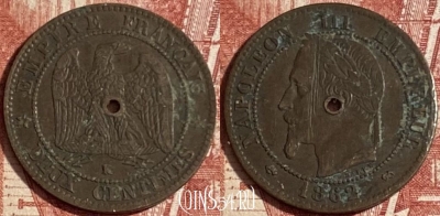 Франция 2 сантима 1862 года K, KM# 796, 221p-073 ♛