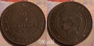 Франция 2 сантима 1884 года, KM# 827, 269b-075