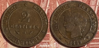 Франция 2 сантима 1889 г., редкая, KM# 827, 072s-128 ♛