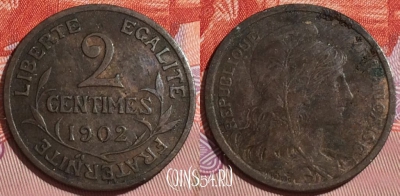 Франция 2 сантима 1902 года, KM# 841, 167c-081
