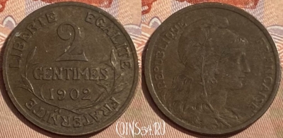 Франция 2 сантима 1902 г., редкая, KM# 841, 486р-113 ♛