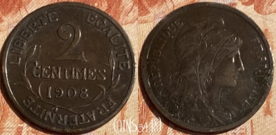 Франция 2 сантима 1908 г., гнутая, KM# 841, 059s-058 ♛