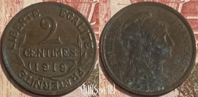 Франция 2 сантима 1919 г., редкая, KM# 841, 091s-084 ♛