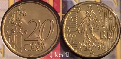 Франция 20 евроцентов 1999 года, KM# 1286, BU, 401n-007 ♛