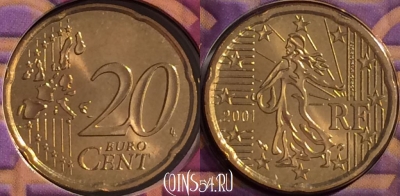 Франция 20 евроцентов 2001 года, KM# 1286, BU, 401n-023 ♛