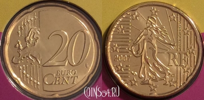 Франция 20 евроцентов 2007 года, KM# 1411, BU, 401n-071 ♛
