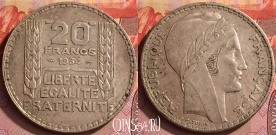 Франция 20 франков 1934 года Ag, KM# 879, 218o-033 ♛