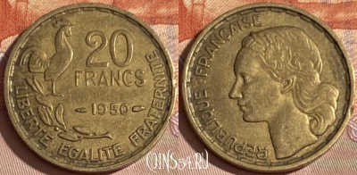 Франция 20 франков 1950 г., 3 feathers, KM# 916, 386p-108