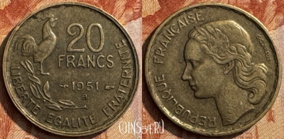 Франция 20 франков 1951 B, KM# 917, 290s-044