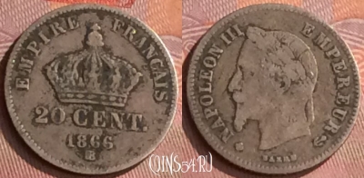 Франция 20 сантимов 1866 года Ag, KM# 805, 279o-131 ♛