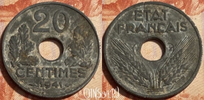 Франция 20 сантимов 1941 года, KM# 900, 060s-014 ♛