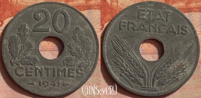 Франция 20 сантимов 1941 года, KM# 900, 421o-141 ♛
