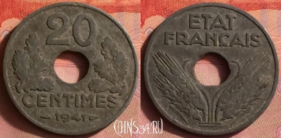 Франция 20 сантимов 1941 года, KM# 900, 429o-091