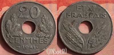 Франция 20 сантимов 1941 года, KM# 900, 429o-114
