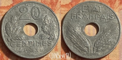 Франция 20 сантимов 1943 года, KM# 900, 451o-001