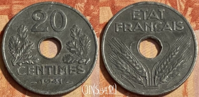 Франция 20 сантимов 1941 года, KM# 900, 463q-110 ♛