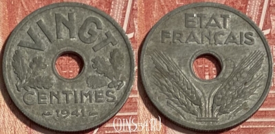 Франция 20 сантимов 1941 г., VINGT, KM# 899, 071s-128 ♛