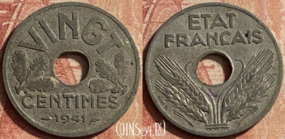 Франция 20 сантимов 1941 г., VINGT, KM# 899, 131p-096 ♛