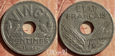 Франция 20 сантимов 1941 года, VINGT, KM# 899, 131p-114