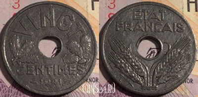 Франция 20 сантимов 1941 года, VINGT, KM# 899, 183a-025