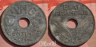 Франция 20 сантимов 1941 года, VINGT, KM# 899, 195l-089