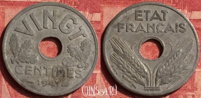 Франция 20 сантимов 1941 года, VINGT, KM# 899, 357o-012