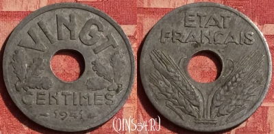 Франция 20 сантимов 1941 года, VINGT, KM# 899, 357o-078