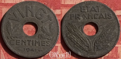 Франция 20 сантимов 1941 года, VINGT, KM# 899, 357o-104