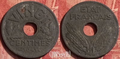Франция 20 сантимов 1941 года, VINGT, KM# 899, 369o-063