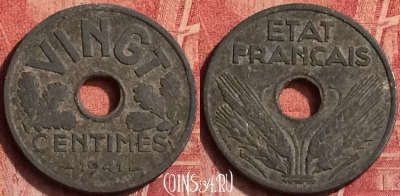Франция 20 сантимов 1941 года, VINGT, KM# 899, 373o-069