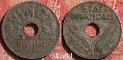 Франция 20 сантимов 1941 года, VINGT, KM# 899, 373o-073