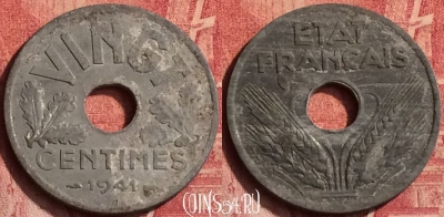 Франция 20 сантимов 1941 года, VINGT, KM# 899, 373o-076