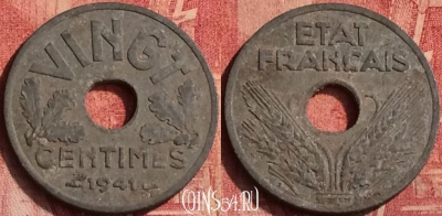 Франция 20 сантимов 1941 г., VINGT, KM# 899, 373o-078 ♛